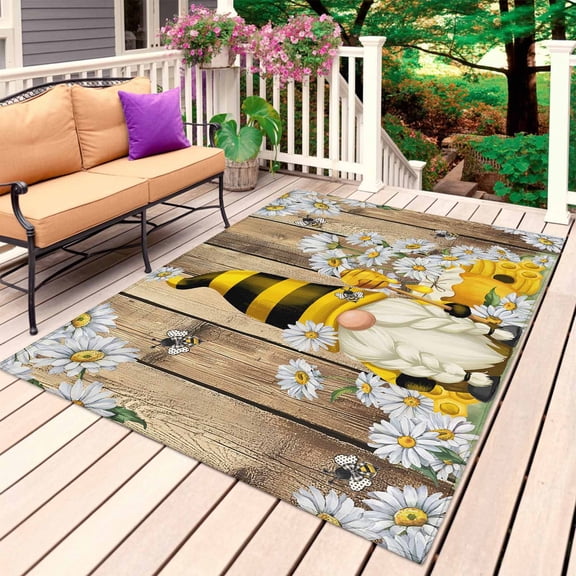 Daisy Floral Outdoor Rug for Patio/Deck/Porch, Non-Slip Large Area Rug 5 x 7 Ft, Farmhouse Wood Grain Bee Gnomes Flowers Indoor Outdoor Rugs Washable Area Rugs, Reversible Camping Rug Carpet Runner