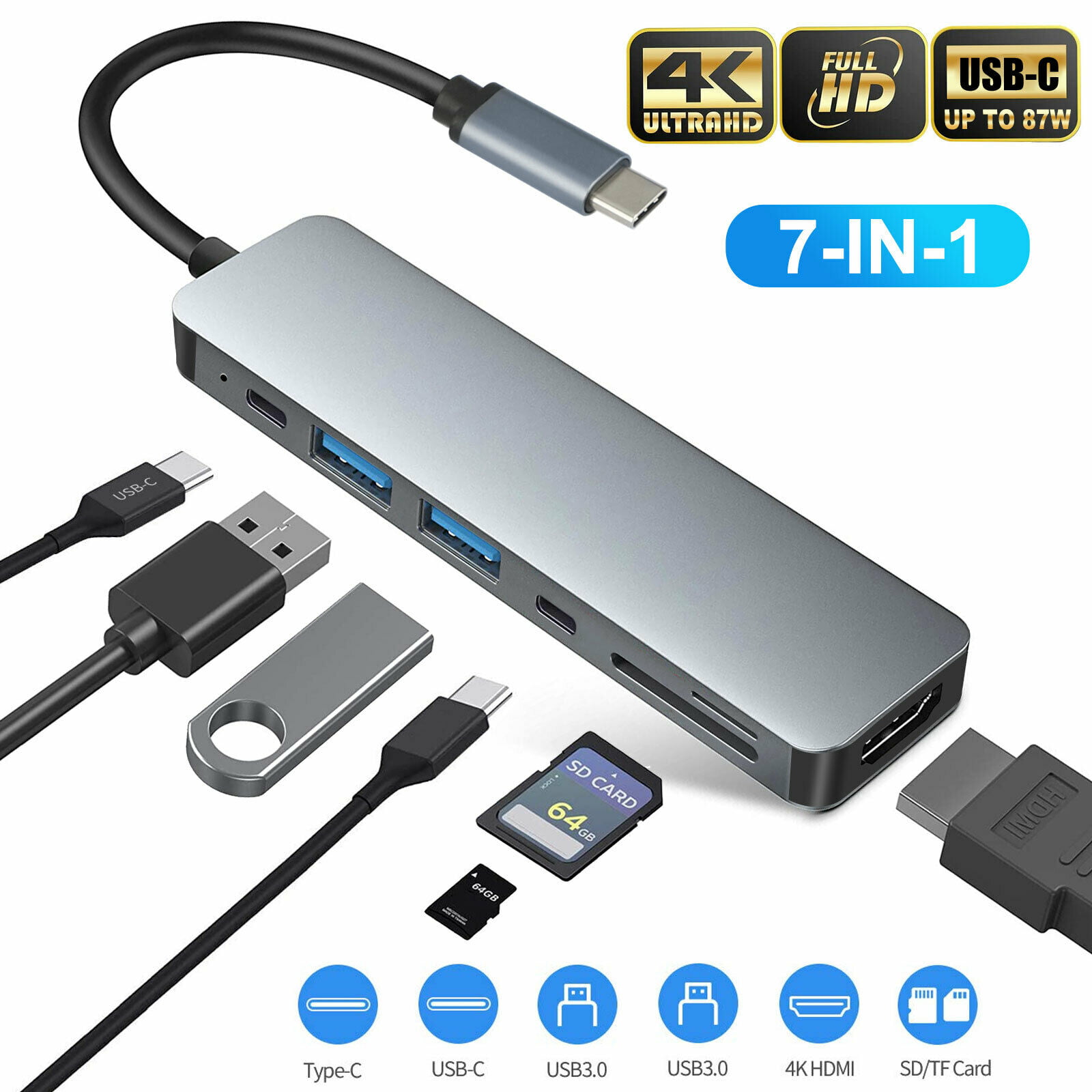 7in1 USB-C Hub Dual Type-C Multiport Card Reader Adapter 4K HDMI For MacBook Pro 