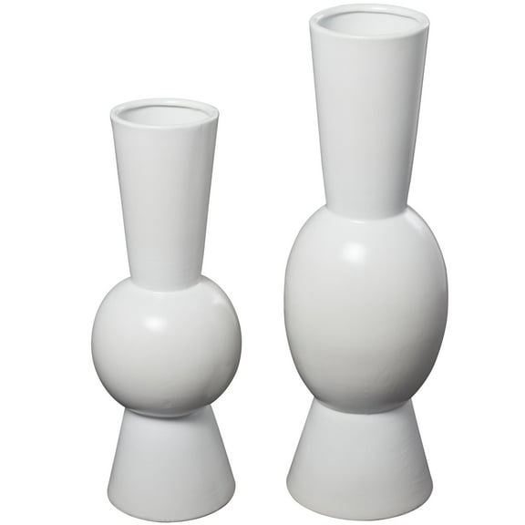 DecMode 24", 20"H Abstract Fluted Round White Ceramic Vase, Set of 2