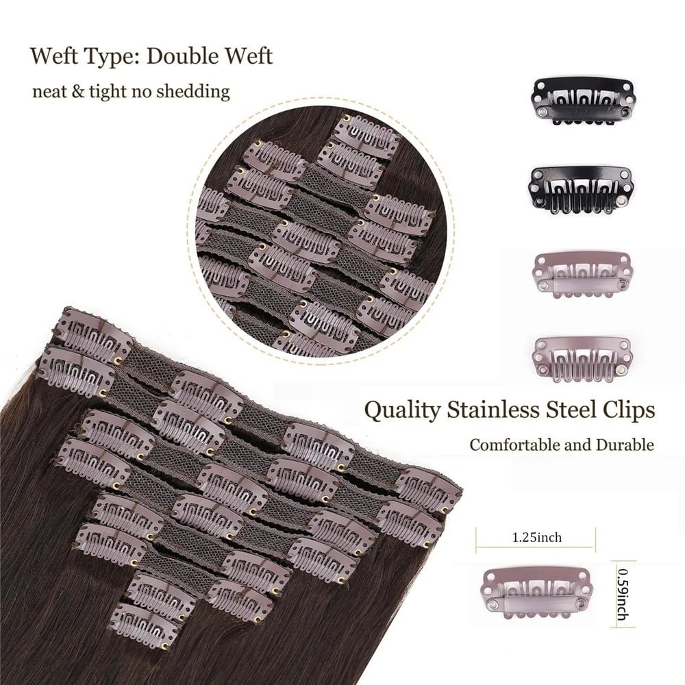Human Hair Clip In Extensions 120g 8pcs #2 Dark Brown Double Weft Human Hair Clip In