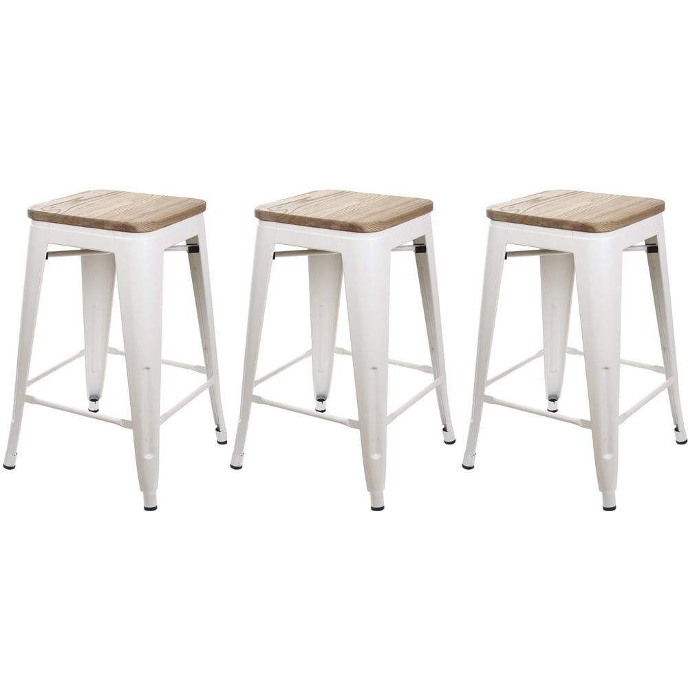 Leejay 24 inch White Backless Counter Height Metal Stool with Wood Seat