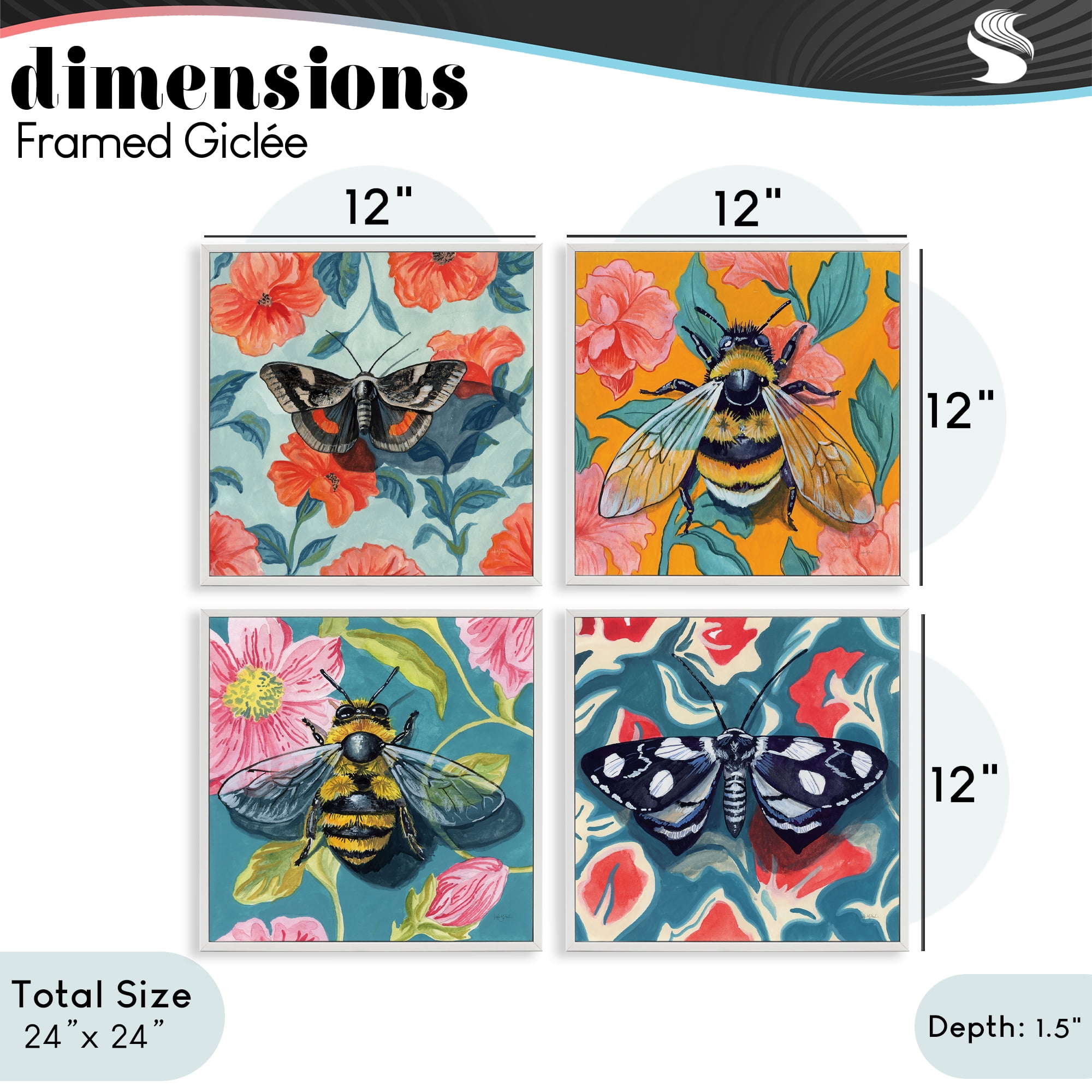 Stupell Industries Insects on Flower Patterns 4 Piece White Framed Giclee Art Set, design by Kate Jarvik Birch