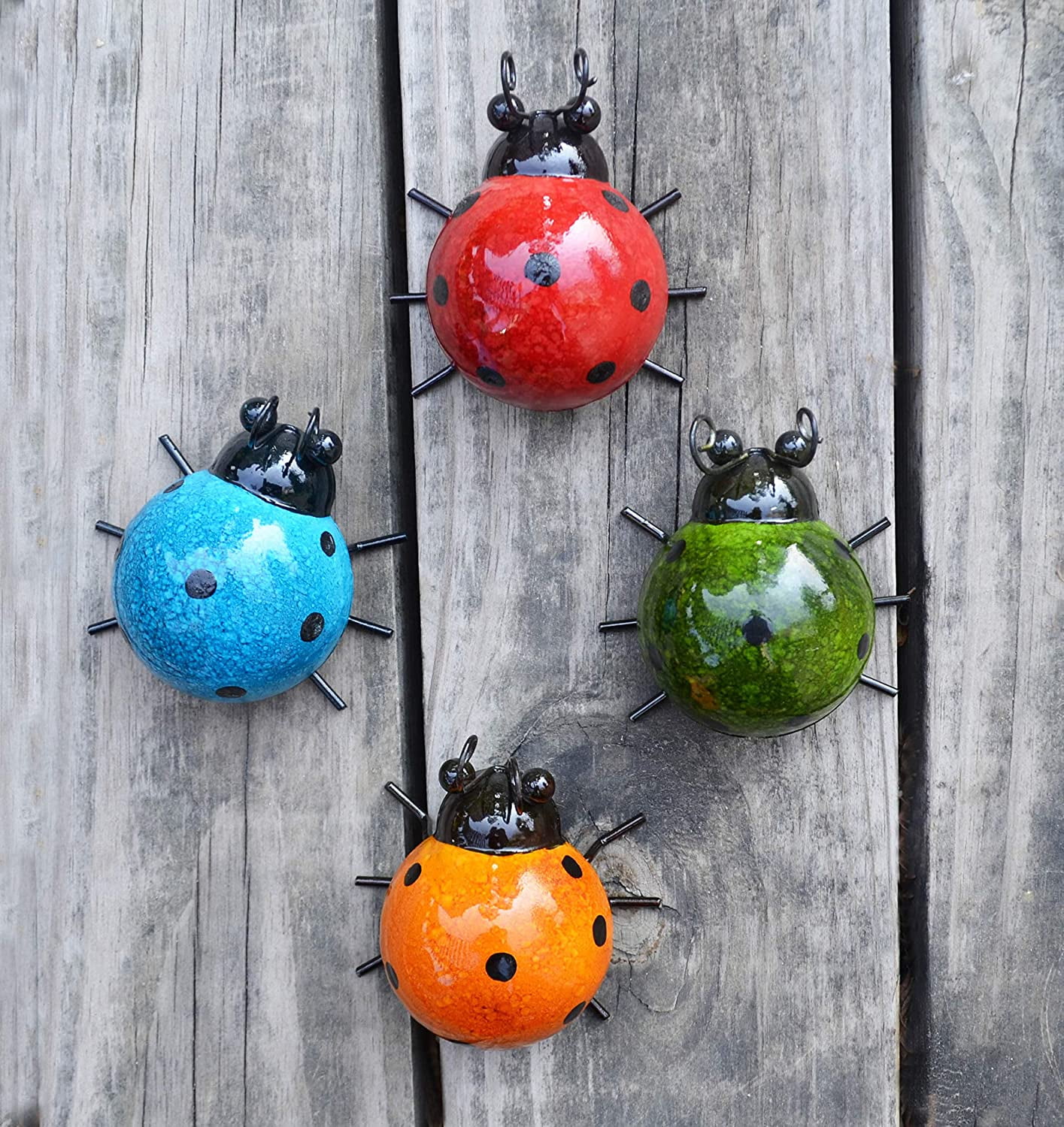 Metal Garden Wall Art Decor Set Of 4 Cute Ladybugs Outdoor Sculptures