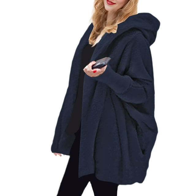 Women'S Solid Color Long-Sleeved V-Neck Hooded Jacket Casual Loose Plush Buttonless Jacket Navy Blue L