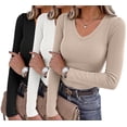 thumbnail image 3 of Zeagoo Women Long Sleeve Basic Tee 3 Pack Fall V Neck Casual T-Shirt Ribbed Slim Fit Tops, 3 of 6