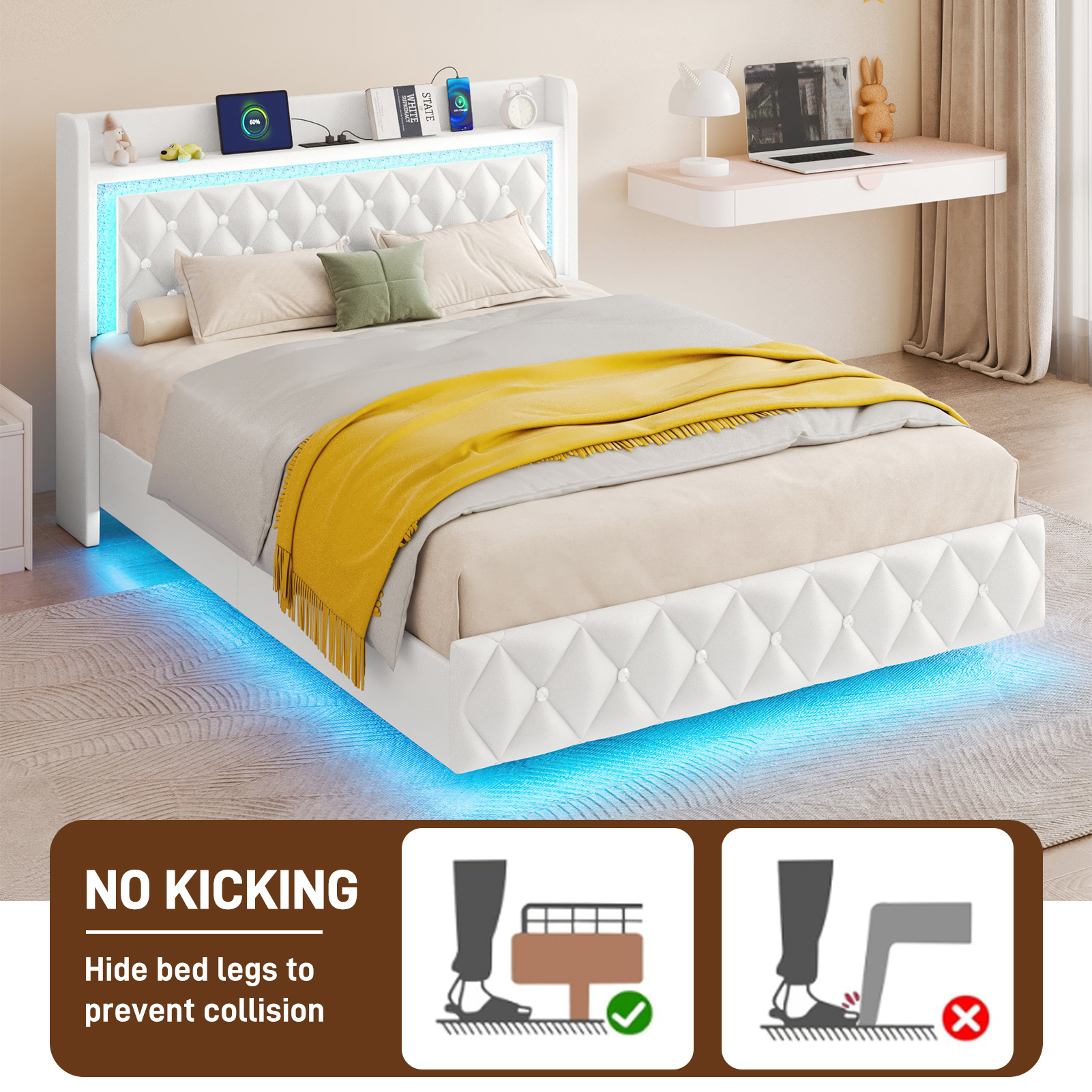 Blotout Floating Queen Bed Frame with LED Lights&Power Outlet, Upholstered Pu Leather Platform Bed with Diamond Tufted Storage Headboard & Footboard, No Box Spring Needed, Noise Free, White