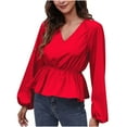 thumbnail image 1 of Camisas Para Mujer, Camisetas de Gran Tamaño, Manga Larga, Otoño E Invierno, Cuello en V, Manga Farol, Camisa de Gasa, Top de Cintura de Color Sólido Odeerbi  ODB136476, 1 of 9