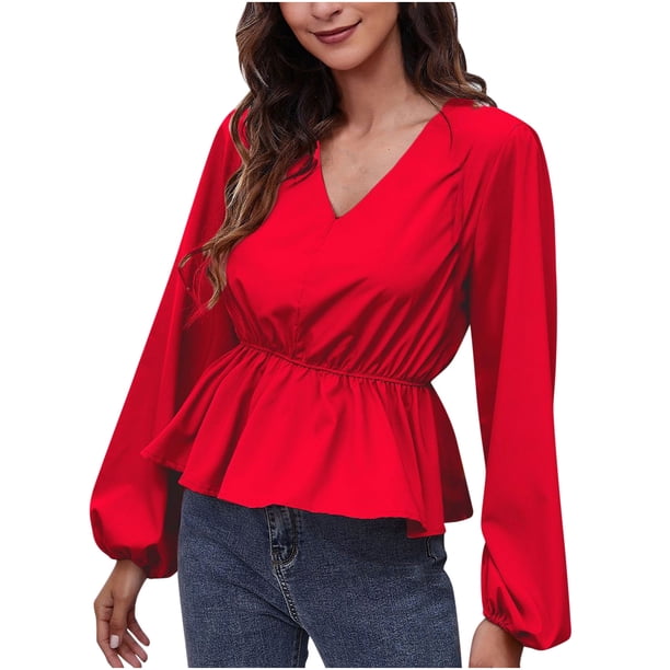 Camisa de chifón con manga farol y cuello en V para mujer de otoño e invierno, Top de manga larga con cintura de Color sólido Pompotops FGAJ14296