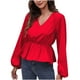 thumbnail image 1 of Camisa de chifón con manga farol y cuello en V para mujer de otoño e invierno, Top de manga larga con cintura de Color sólido Pompotops  FGAJ14296, 1 of 9