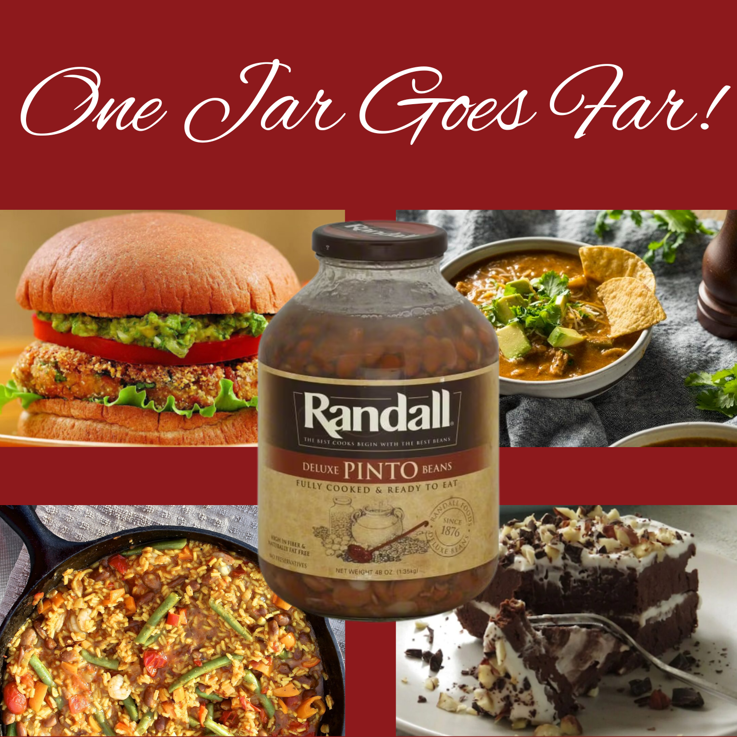 Randall Deluxe Pinto Beans, 48 oz Glass Jar – Fully Cooked, Family Size (No Spice)