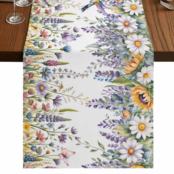 Table Runners 108 Inches Long Dress Scarves, Watercolor Floral Farmhouse Coffee/Dining/Kitchen Table Runner for Living Room, Spring Daisy Sunflowers Wisteria Hummingbird 13x108 Inch
