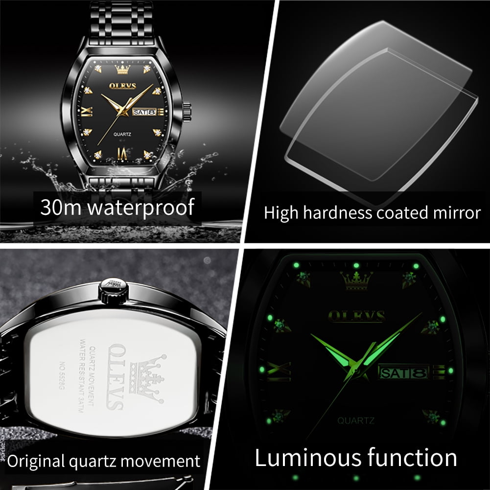 OLEVS Mens Watches Square Business Dress Diamond Analog Quartz Date Luxury Watches for Men Dress Casual Stainless Steel Waterproof Luminous Mens Wrist Watches Gifts Reloj para Hombre Gold/Black Dial