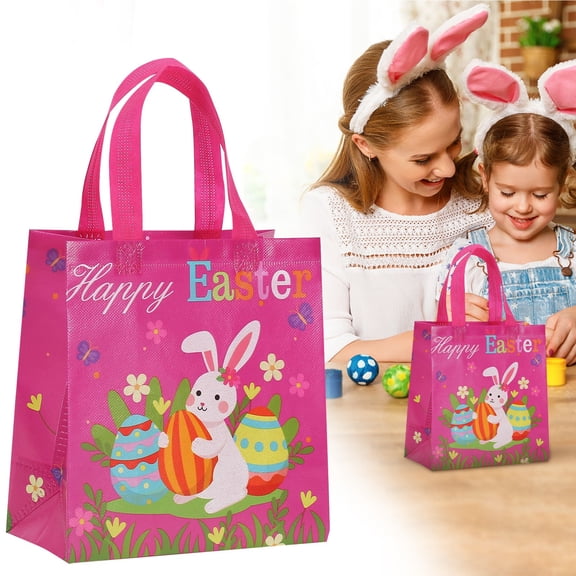 Happy Easter Bags Bunny Carrot Chick Egg Treat Gift Non-Woven Bags with Handles for Gifts Wrapping, Egg Hunt, Easter Party Supplies, 8.66"x9.05"