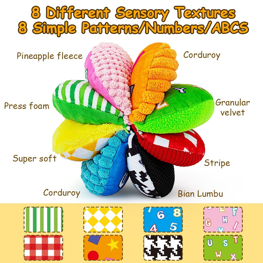 Rainbow Fabric Ball with 8 Different Sensory Affects, Baby Toy for 6 to 12 Months, Baby Crawling Toy Interactive Sensory Development Toy for Babies,Infant Montessori Toys with ABC letters, Numbers