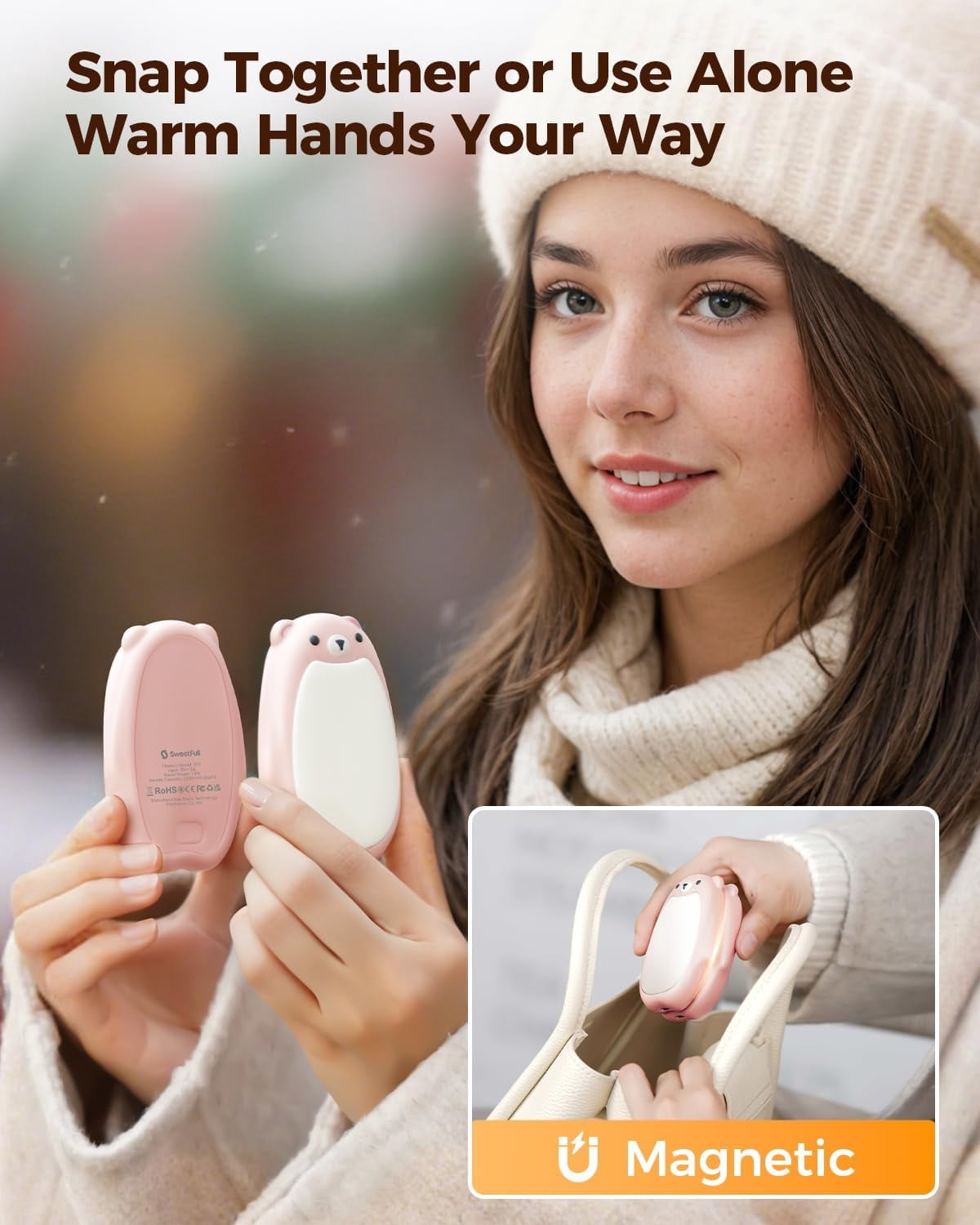 Hand Warmers Rechargeable – Cute Bear, 2 Pack Magnetic Hot Hands, Reusable Electric Pocket Heater, Great Gift for Daughter, Kids, Wife, or Bestie, Portable for Outdoor & Camping