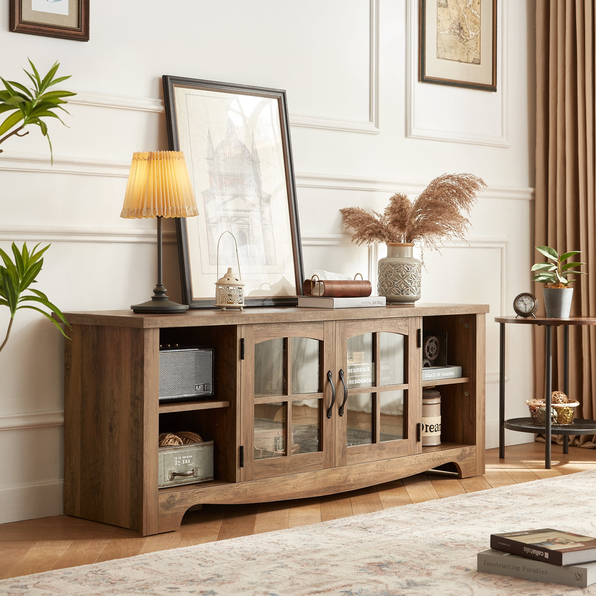 LINSY HOME Modern Farmhouse TV Stand for TVs up to 65",Home Entertainment Center with Storage Cabinet and Adjustable Shelves,Brown