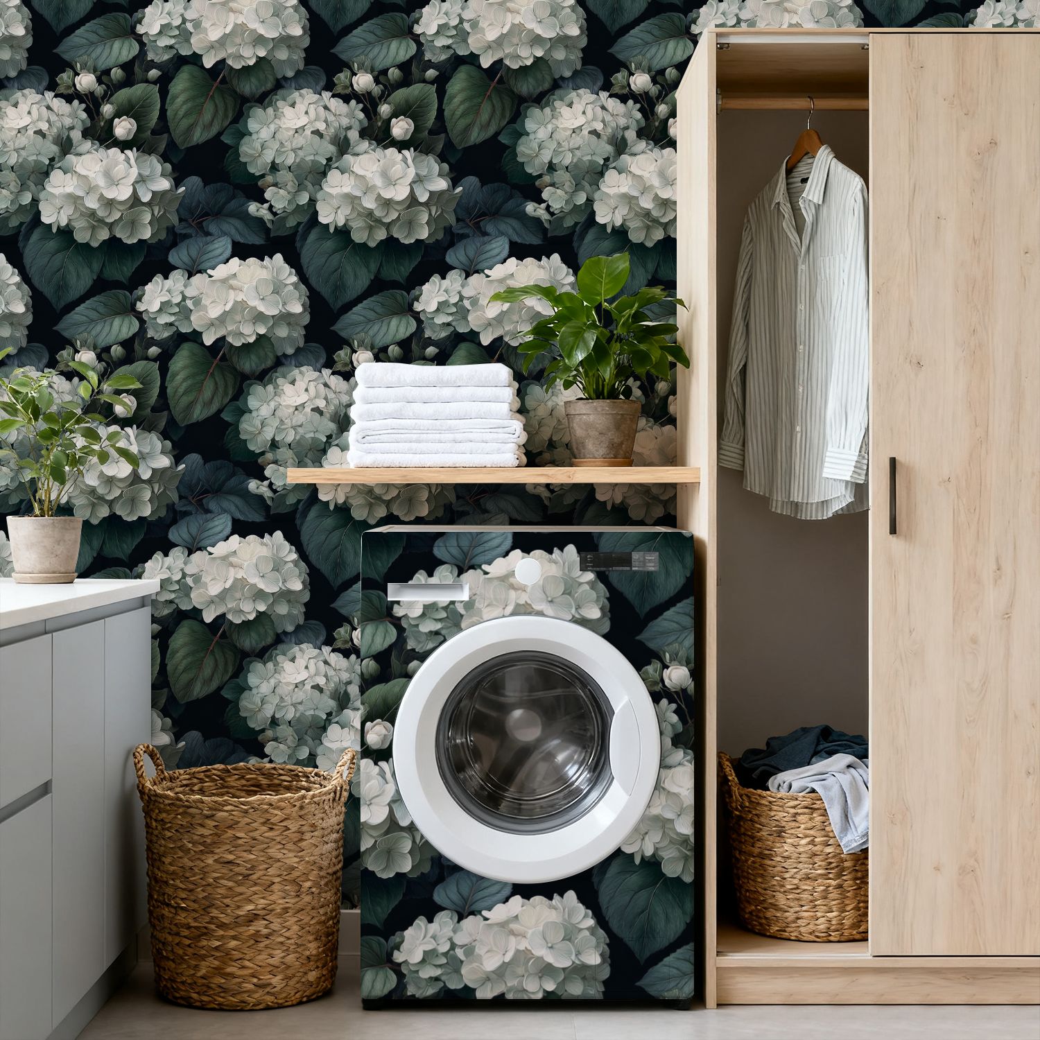 Peel and Stick Wallpaper 17.7in x 9.8ft White Hydrangea Flowers Green Leaves Dark Botanical Contact Paper Vinyl Self-Adhesive Removable Wall Paper for Bedroom Kitchen Cabinet Renter Friendly
