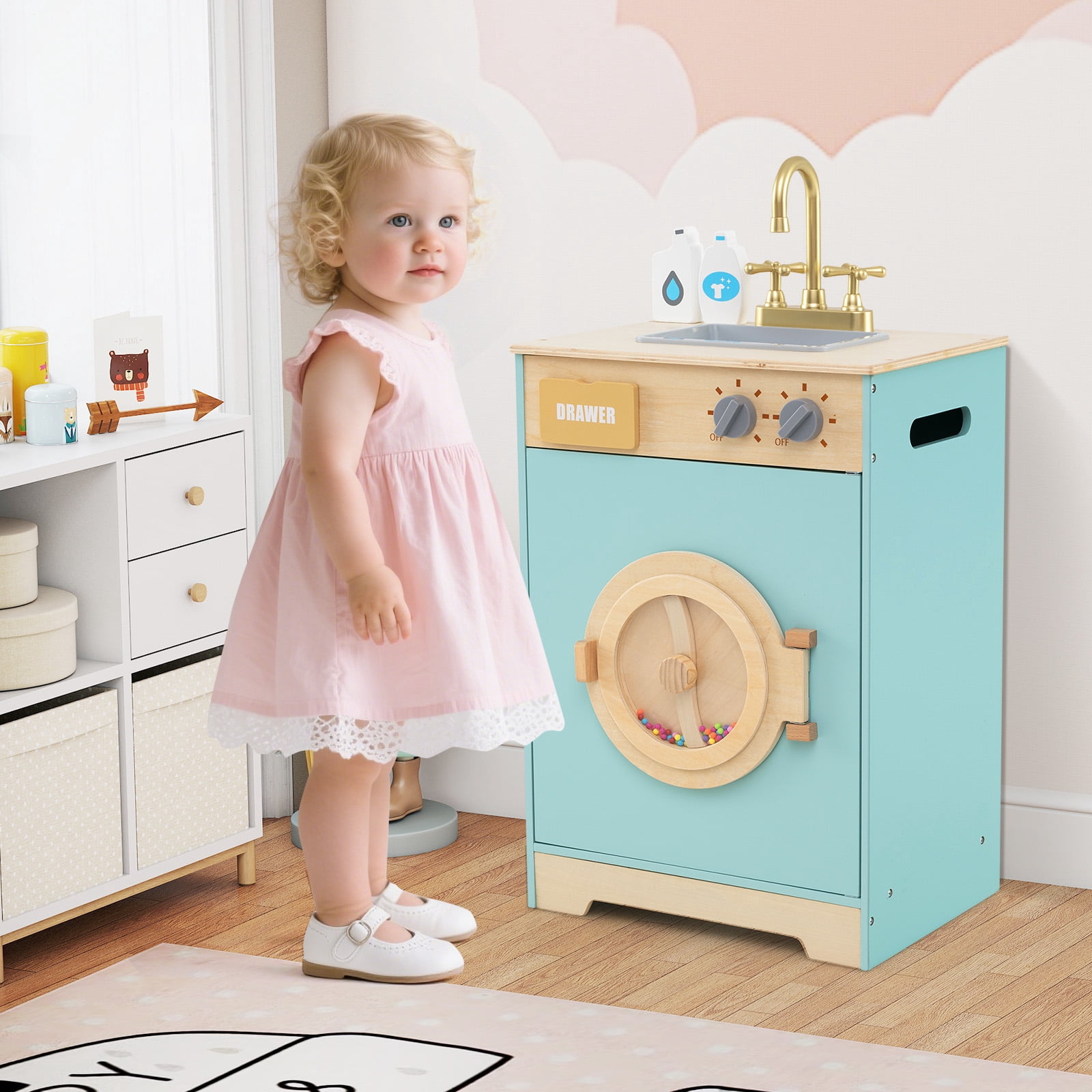 Gymax Kids Washer Playset w/ Laundry Detergent & Hand Sanitizer Rotating Wheel