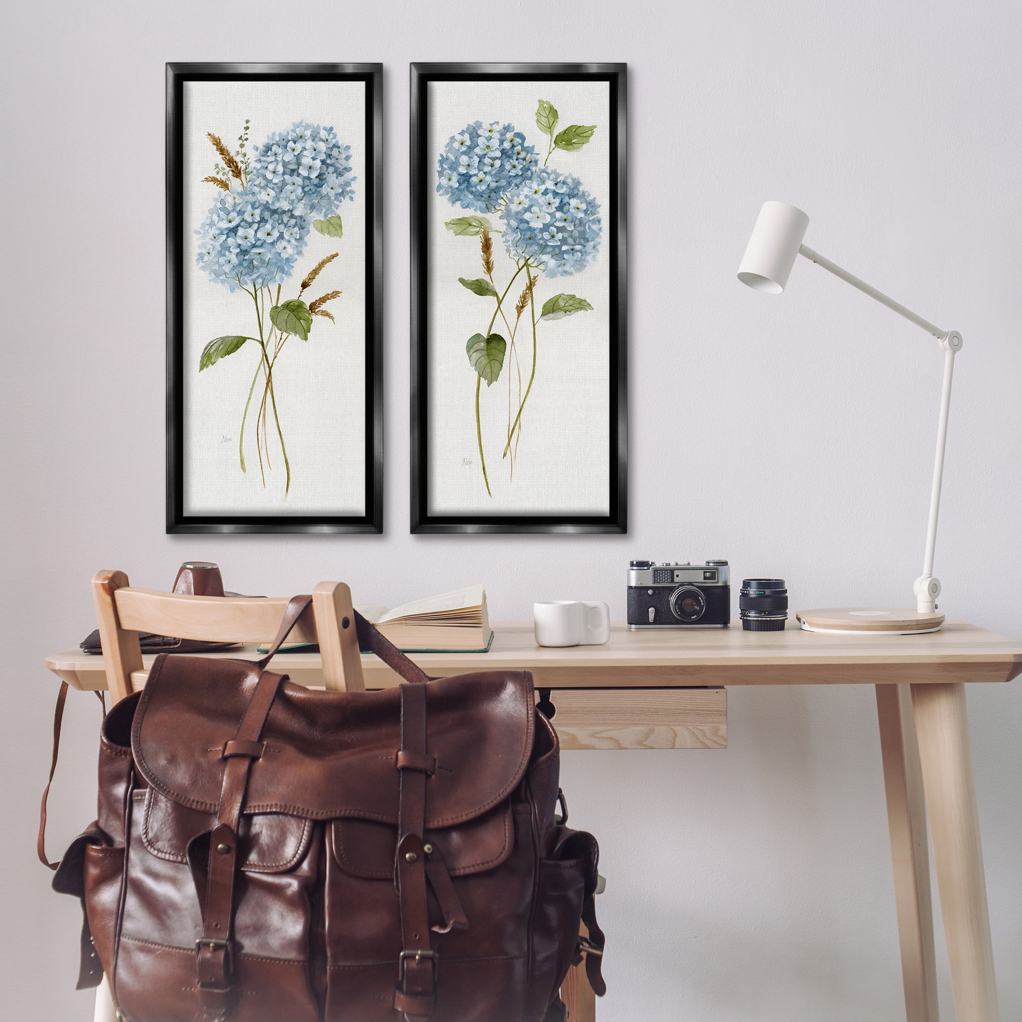 Stupell Industries Blue Hydrangea Long Stems Botanical & Floral Painting Black Floater Framed Canvas Art Print Wall Art, 15 x 31, Set of 2
