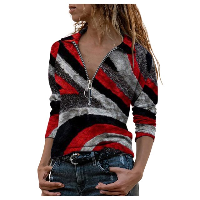 Pompotops Blouse à Manches Longues Imprimée avec Fermeture Éclair et Col Rabattu pour Femmes