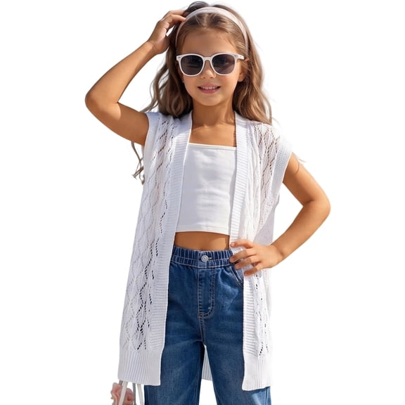 RMGVDSD Girls Cardigan Lightweight Crochet Knit Tops Summer Sleeveless Open Front Mid-Length Cardigan Beach Cover Up 6-8 Years