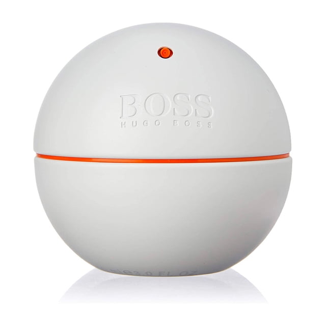 hugo boss in motion white edition para caballero 90ml. edt hugo boss fragancia original Frasco esférico blanco mate con banda naranja alrededor del centro, tapa redondeada con botón de spray naranja y logo BOSS en relieve; 90 ml, familia olfativa cálido/especiado con notas de albahaca, naranja roja y pimienta negra.