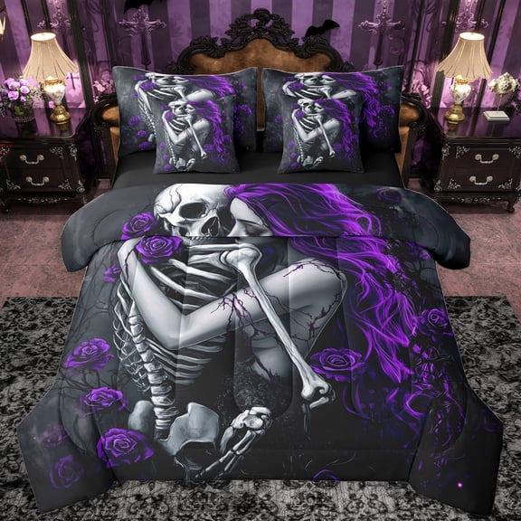 Castle Fairy Female Men Gothic Skeleton Twin Bedding Sets 7-Piece,Purple Floral Rose Bedding Comforter Set Microfiber,Happy Valentine's Day Breathable Sheet Sets,Ultra Soft Home Decor,Reversible