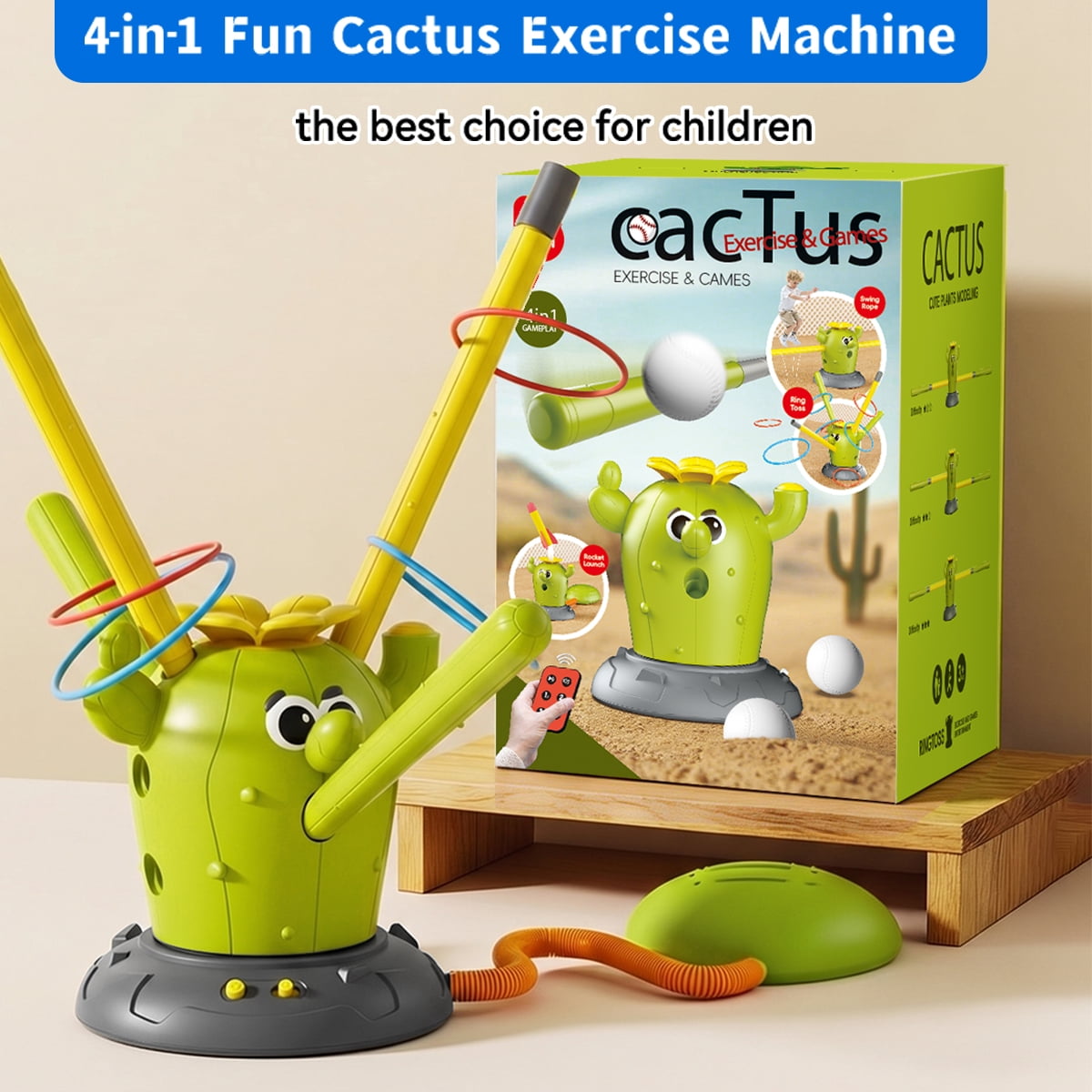 KNMDU 4-in-1 Cactus Toy Set with Ring Toss, Baseball, and Stomp Rocket Launcher, Active Play Outdoor Toy for Kids Ages 4-8