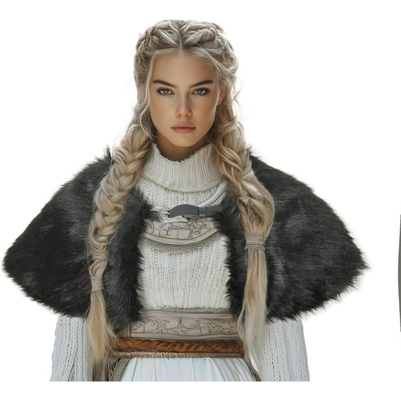 VZQI Medieval Cloak,Viking Costume Faux Fur Shawl for Women, Halloween Performance Accessory