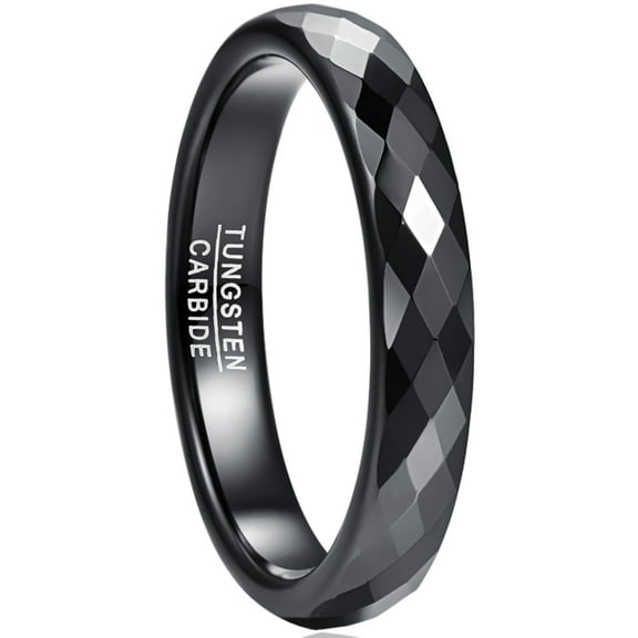 4mm Tungsten Carbide Ring for Men Women Black Polished Faceted Wedding Band Comfort Fit Size 9