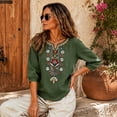 thumbnail image 5 of PBFRDSJ Cotton Linen Tops for Women Lightweight Retro Embroidered 3/4 Sleeve Bohemian Peasant Shirts Plus Size V Neck Casual Summer Beach Boho Tops, 5 of 9