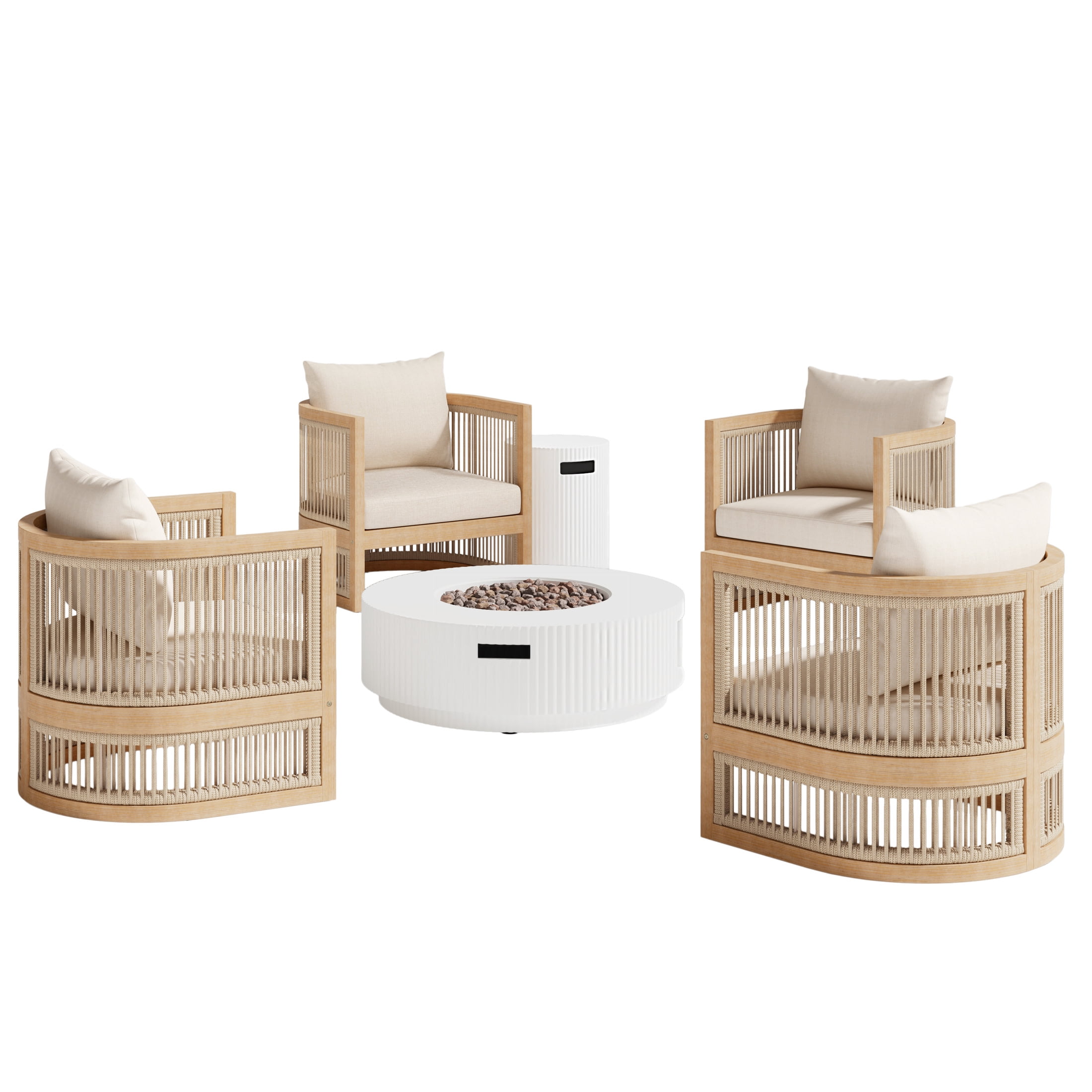Christopher Knight Home 6PCS Outdoor Conversation Set with Fire Pit Table, 4 Patio Chairs, Tank Holder, Light Teak+White
