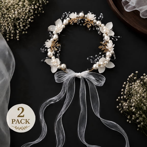 Flower Crown Bridal Pearl Flower Headpiece, Headband for Girls,Flower Girl Hair Accessory for Women Girls Baby Hair 2pack