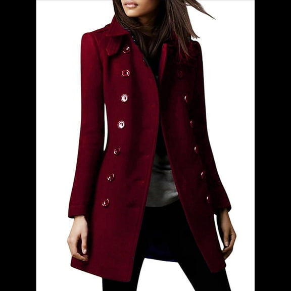 Women'S Winter Double Breasted Coat Elegant Lapel Collared Long Sleeves Blend Trench Pea Wine Red L