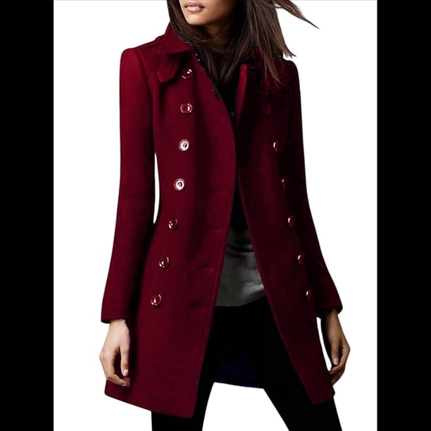Abrigo Cruzado de Invierno para Mujer, Elegante Abrigo Tipo Gabardina de Mezcla de Larga con Cuello de Solapa y Botones Vino Tinto L
