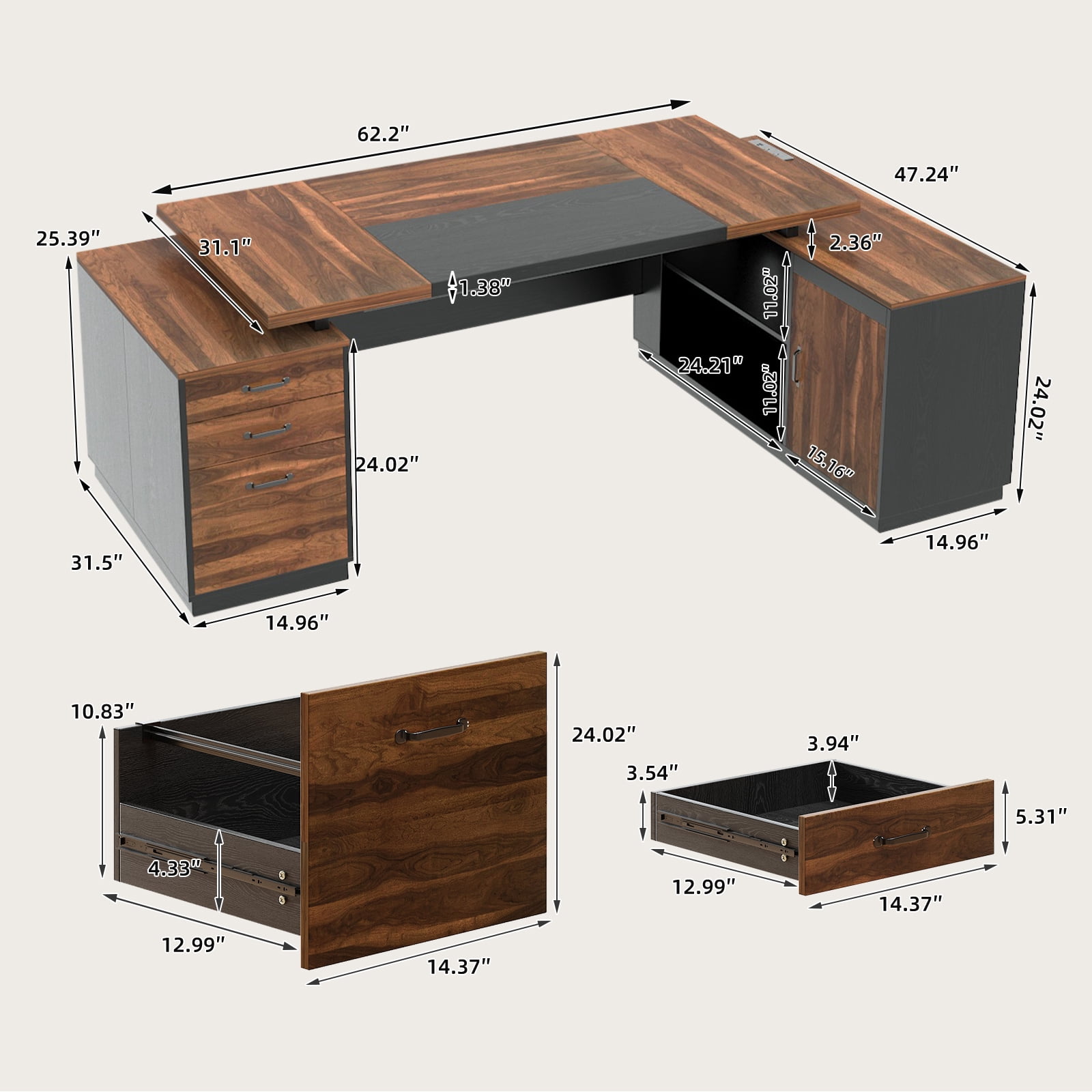 L-Shaped Executive Desk with Drawers, 78-Inch Large Office Desk with Power Outlet and Lateral File Cabinet, Modern Computer Table with Open Shelf and Storage Cabinet for Home, Brown Black