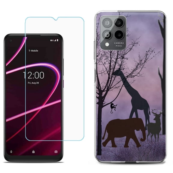 Slim-Fit Gel TPU Phone Case for T-Mobile Revvl 6 Pro 5G, with Tempered Glass Screen Protector, by OneToughShield ® - Twilight Safari