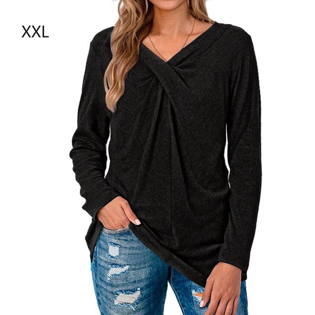 Camiseta de mujer Jumpingount con cuello en V manga larga color negro XXL
