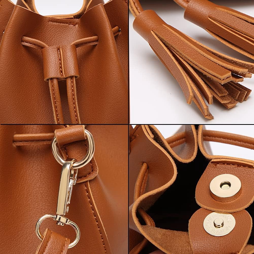 HMSHA Womens Mini Bucket Bag Leather Drawstring Handbag Tassel Shoulder Purse Retro Crossbody Wallet with Adjustable Straps