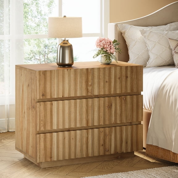 31.5" Oversized Solid Wood Nightstand with 3 Drawers, Farmhouse Fluted Bedside Table with Curved Profile, Wide Night Stand for Bedroom