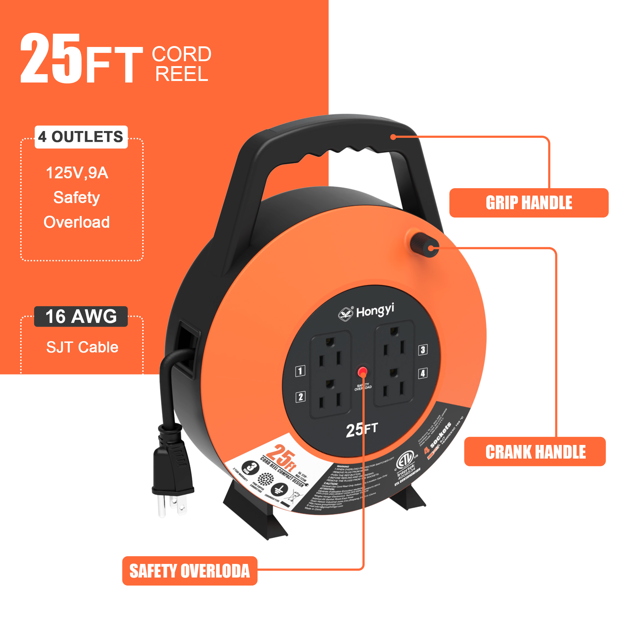 Hongyi 25 ft Extension Cord Reel with 4 Outlets photo 2