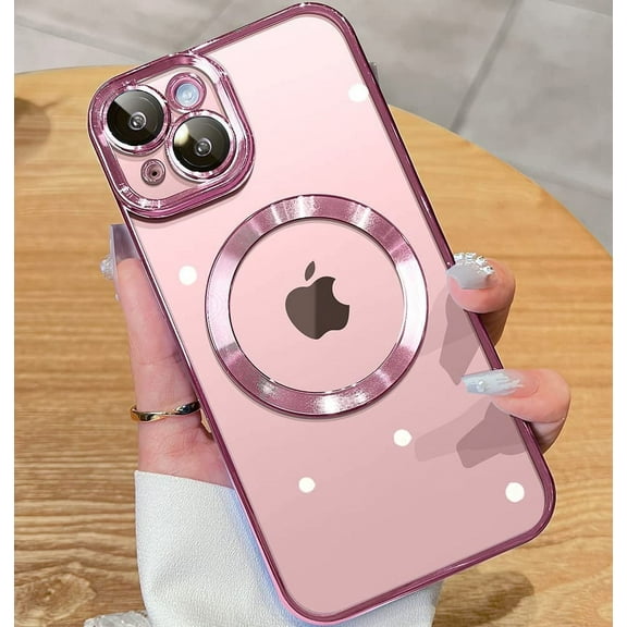 Magnetic Matallic Glossy Clear for iPhone 14 Case with Full Camera Cover Protection [No.1 Strong N52 Magnets] [Military Grade Drop Protection] for Women Girls Phone Case (6.1")-Pink