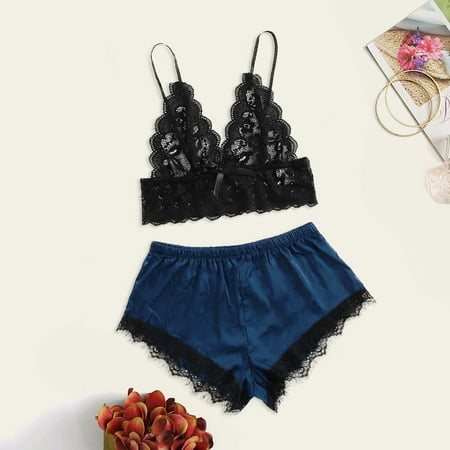 

Cathalem plus Size Lingerie Push up Silk Underwear Sleepwear Satin Pajamas Lace Role Playing Lingerie for Women Large Underwear Blue X-Large