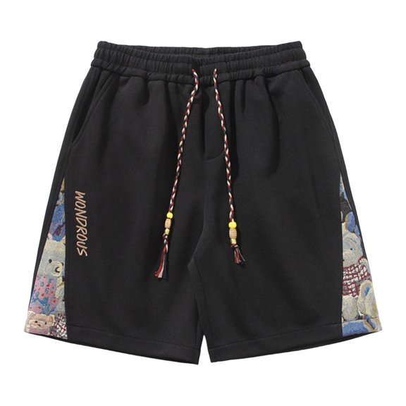 TEAJOPSUU Men's Casual Shorts Plus Size Loose Fit Canvas Shorts with Elastic Drawstring Waist Embroidery Detail Straight Leg Cut Black