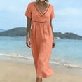 thumbnail image 6 of Summer Fashion Dresses for Womens 2026 Plus Size Cotton And Linen Solid Color Dress Short Sleeved V-neck Lace Trimmed Loose Casual Summer Beach Dress, 6 of 9