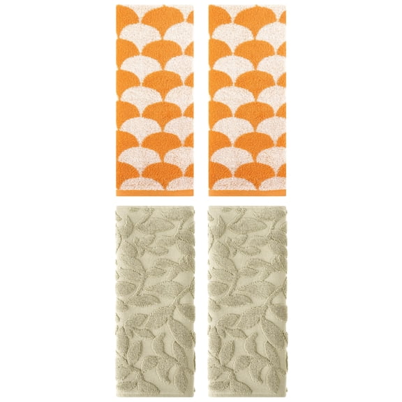 Unique Bargains 4 Pcs Bathroom Geometric Hand Towels Orange/Khaki 13" x 29"/14" x 30"