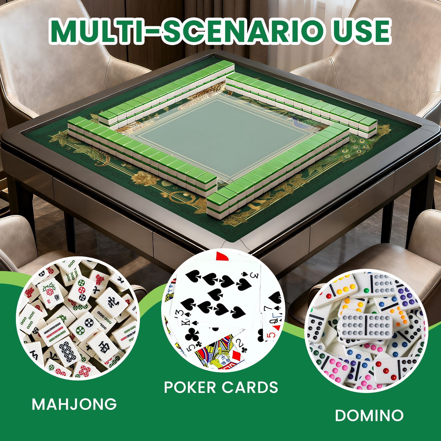 Mahjong Mat 31.5" x 31.5" Tropical Jungle Wildlife Tiger Leopard Peacock Golden Frame Non-Slip Noise Reduction American Mahjong Tiles Table Cover for Dominoes Poker Card Board Games Gift