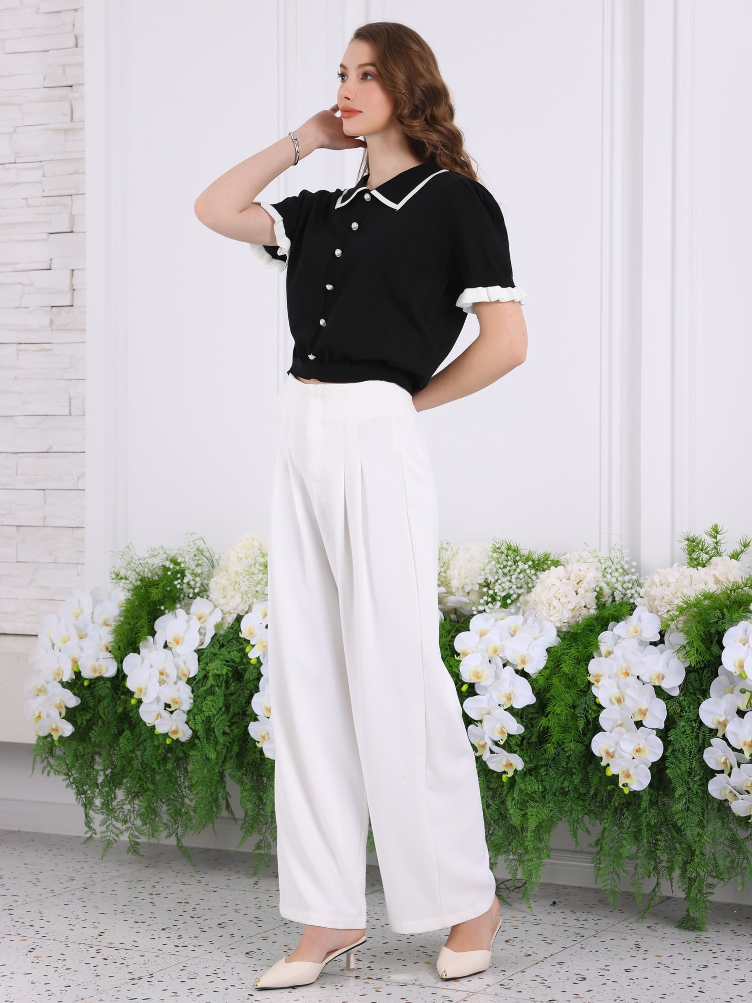 DARING DIVA Women's Puff Sleeve Dressy Vintage Knit Ruffled Crop Top XL Black