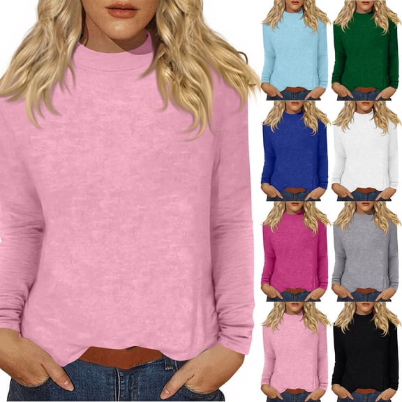 Hearthz Long Sleeves Shirts for Women Mock Neck Shirt for Women Solid Color Basic Tees Womens Summer Tops Hot Pink XXXL