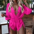 thumbnail image 2 of NMMUED Women's 3 Piece Swimsuit Set Sheer Romper Cover Up Long Sleeve Deep V Neck Bikini Bathing Suits Drawstring Summer Vacation Swimwear Outfits Hot Pink L, 2 of 6